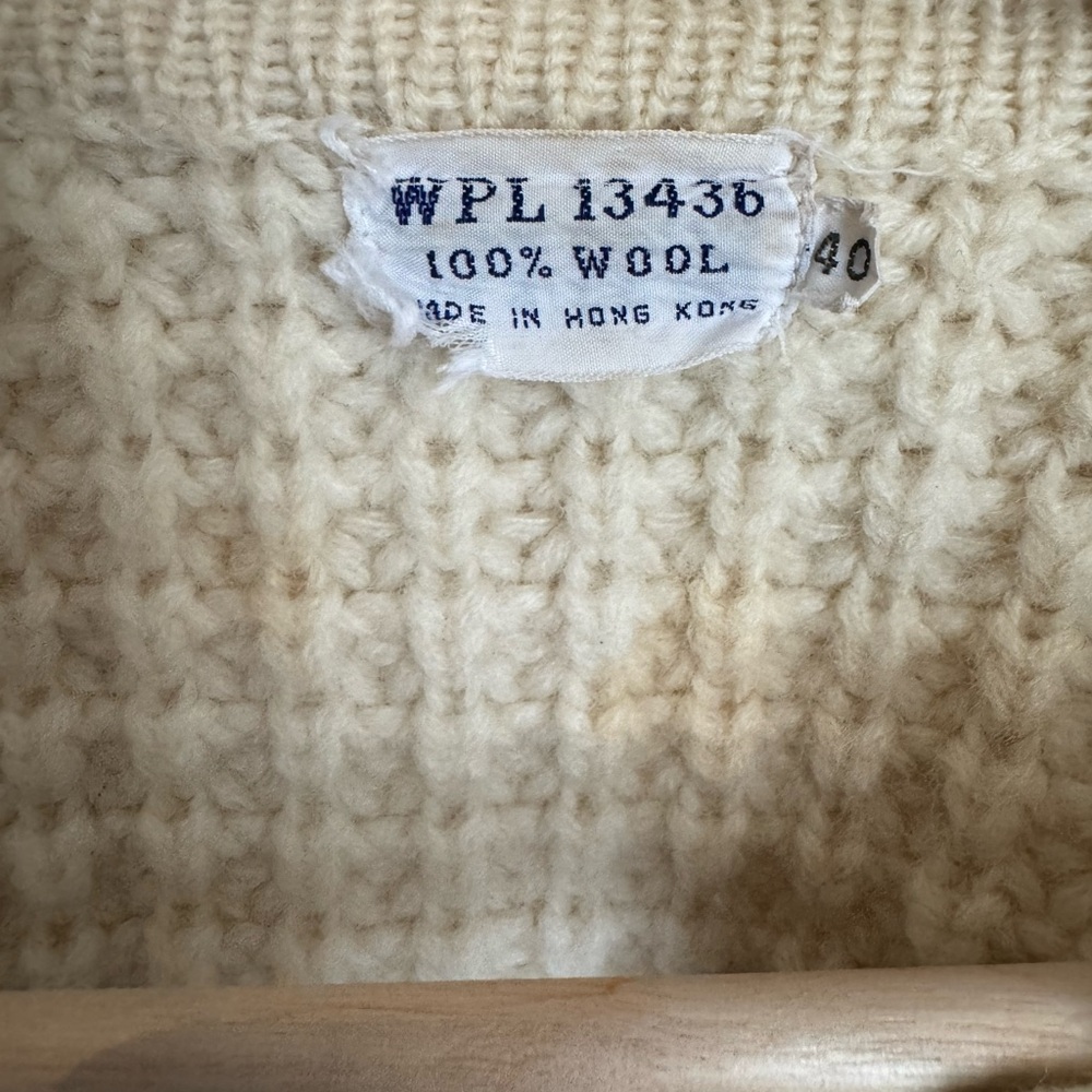 Vintage 100% Wool Chunky Knit Cardigan Cream Fisherman Sweater WPL 13436 Size 40 - Picture 9 of 14